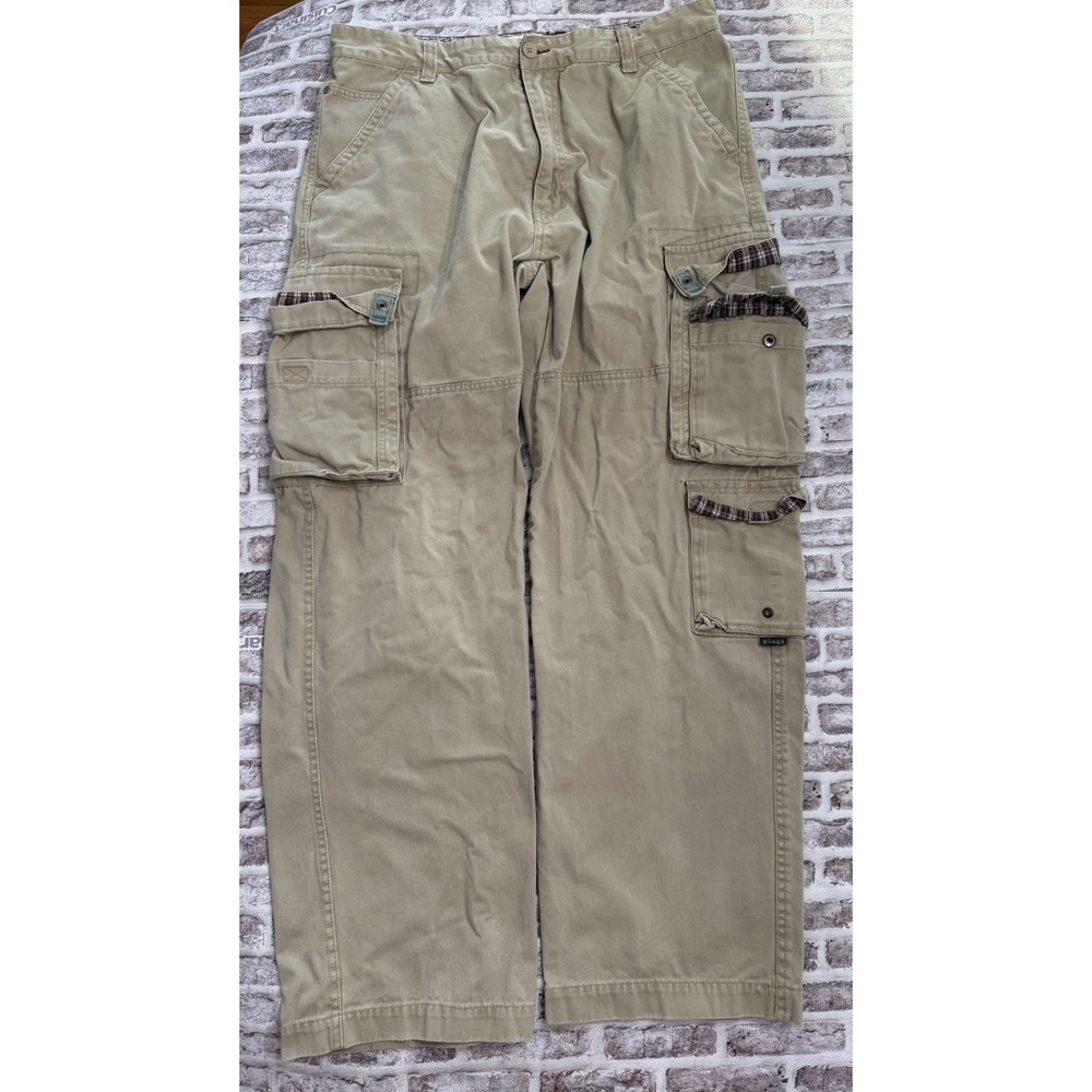 VTG Plugg Jeans Utility Cargo Baggy Plaid Trim Pants Mens 34x32 Tan Y2K Skater